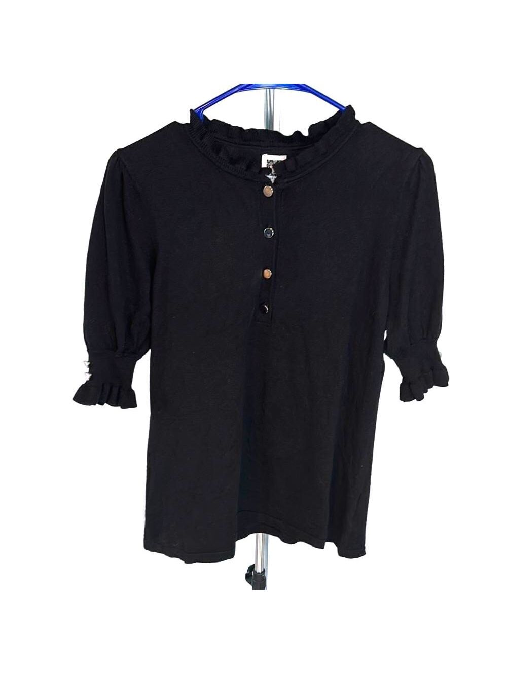 NWT Anne Klein Black Sweater Small Ruffle Puff Short Sleeves Button